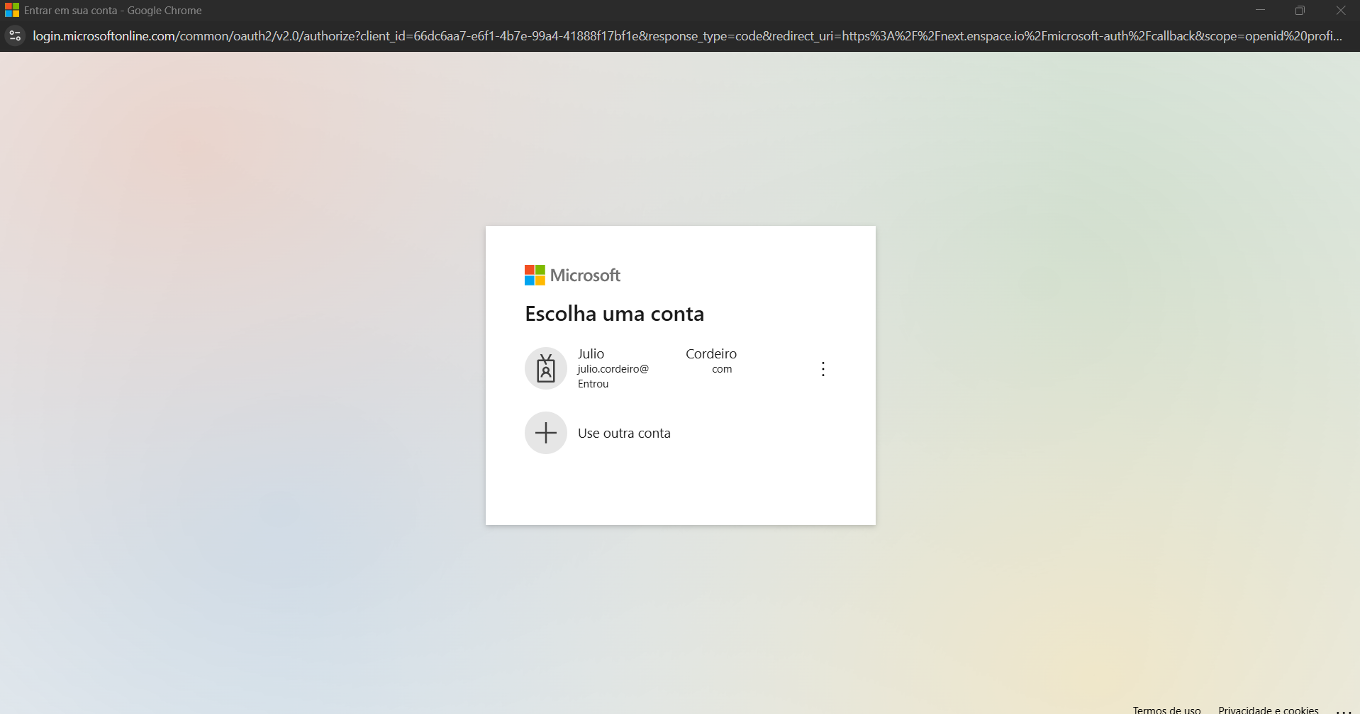 Escolha da conta Microsoft
