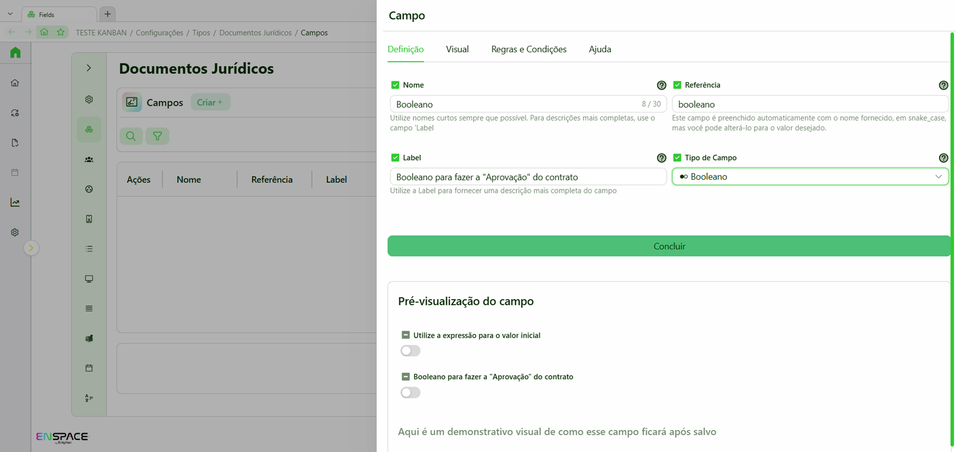 Configuração do campo Booleano