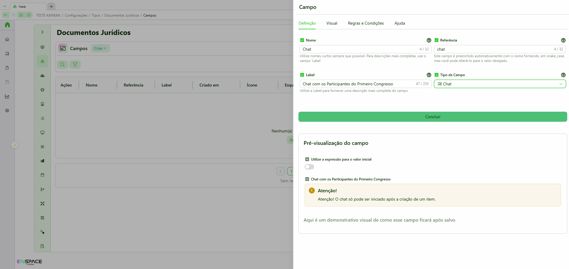 Configuração do campo chat