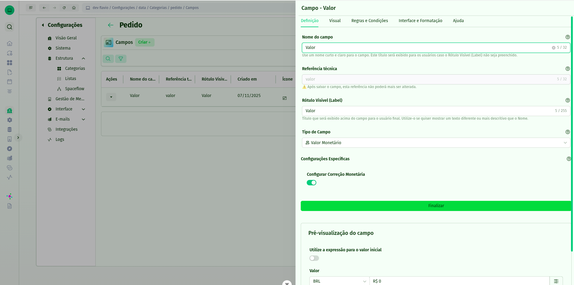 Configuração do campo Valor Monetário