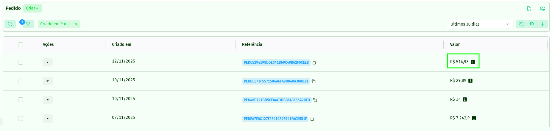 Visualização do campo de valor monetário