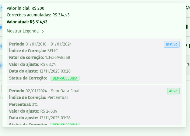 Tooltip com detalhes da correção monetária