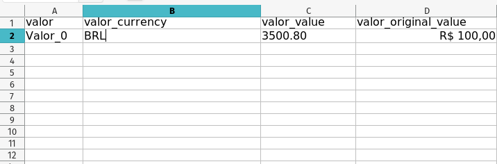 Representação do campo Valor Monetário na planilha de importação