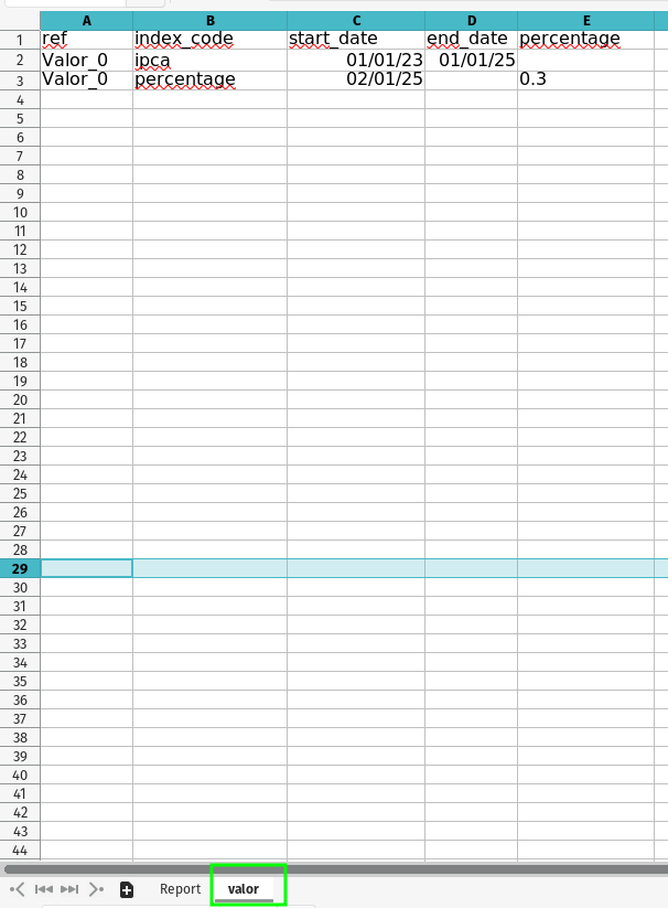 Aba de configuração de períodos de correção na planilha de importação