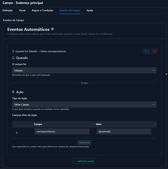Visualização do campo Endereço Principal