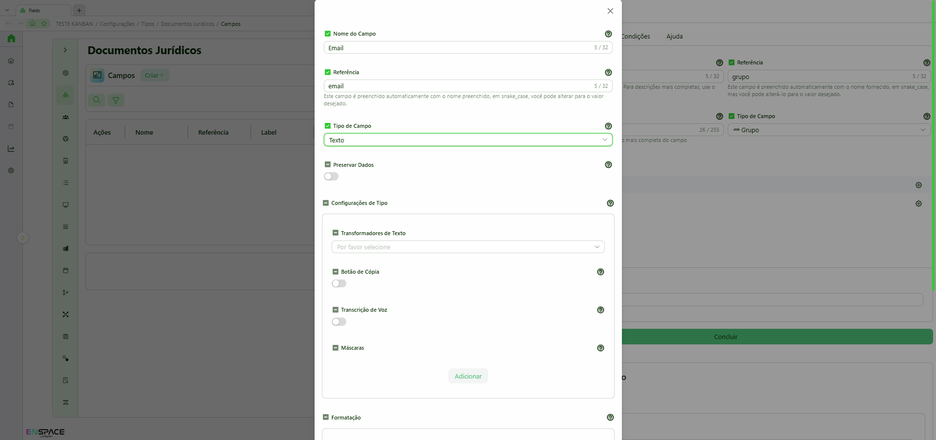 Configuração do campo Grupo