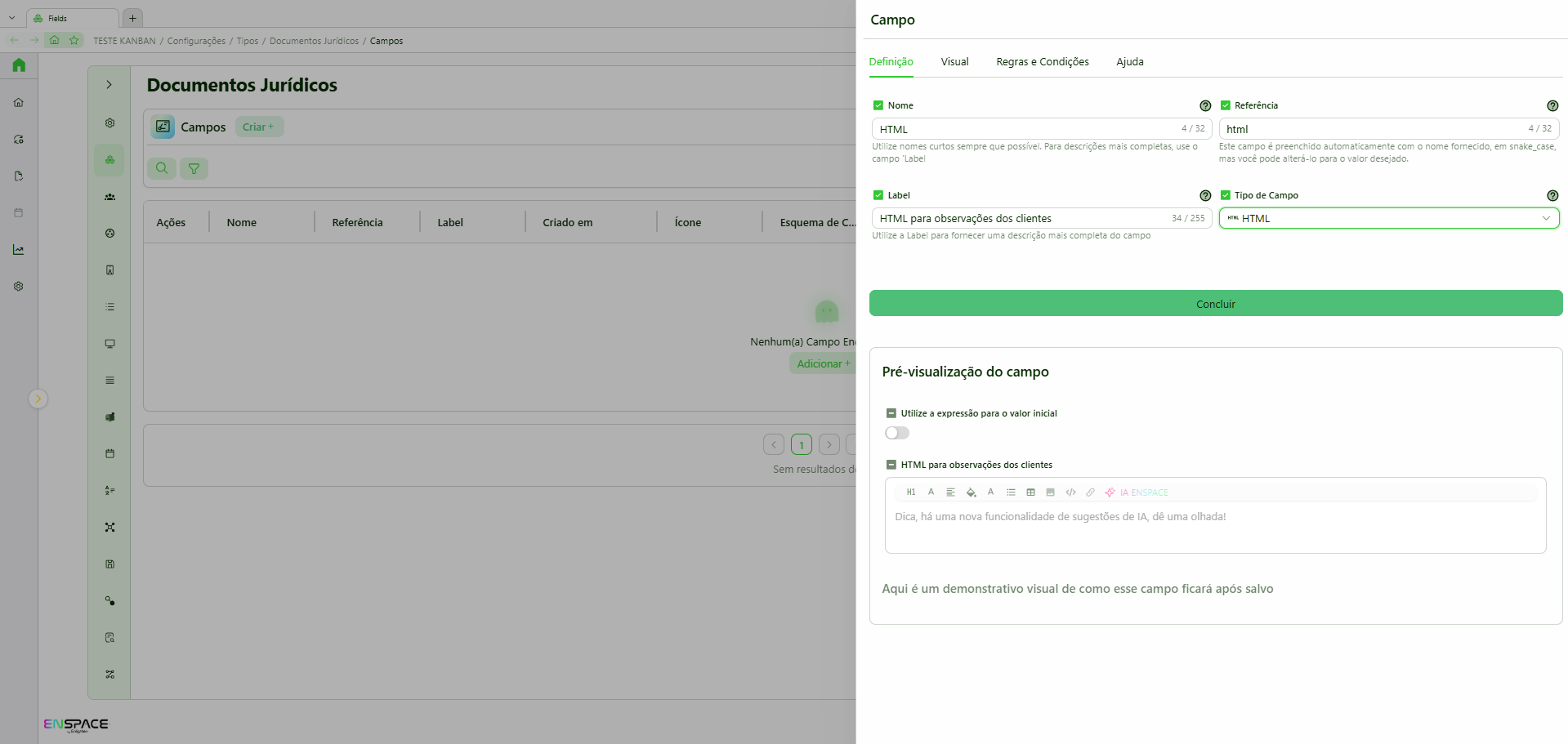 Configuração do campo HTML