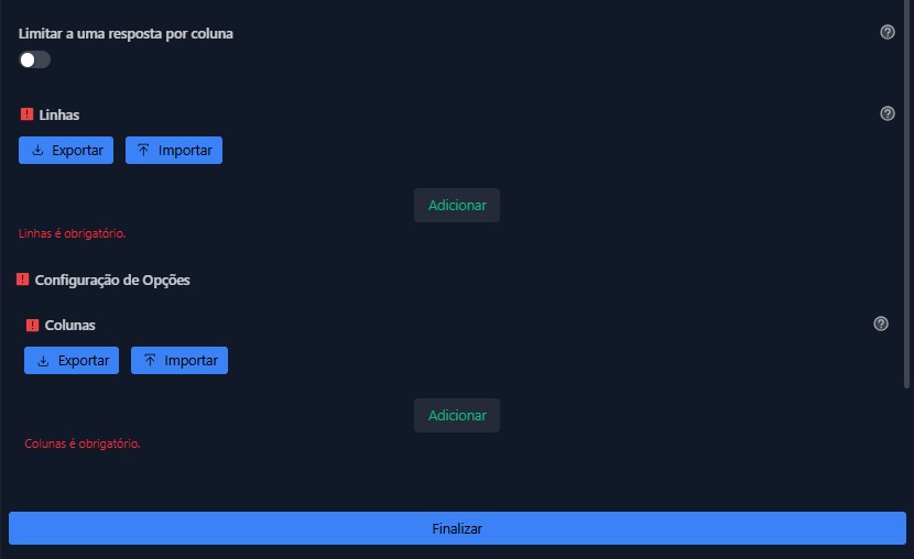 Configuração do campo Matriz de dados