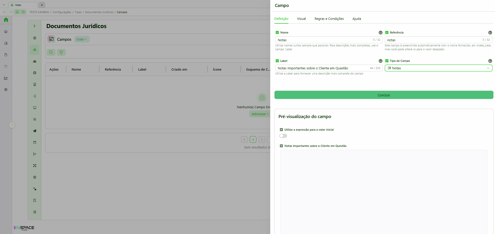 Configuração do campo Notas
