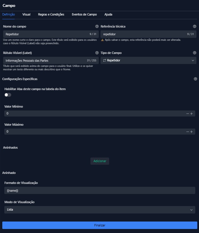 Configuração do campo Repetidor