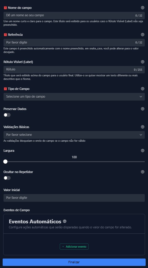 Configuração do campo Repetidor