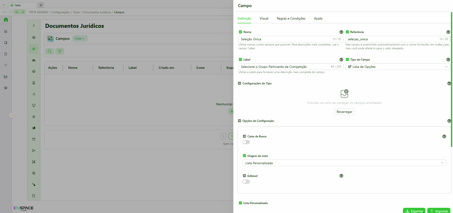 Configuração do campo Seleção Única