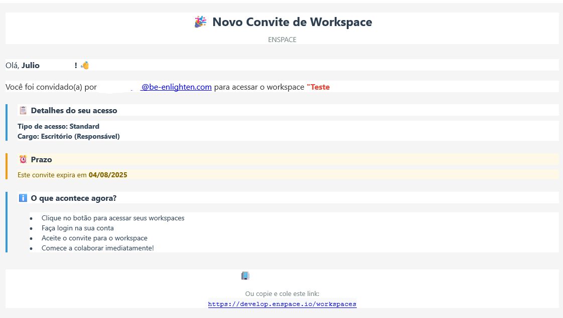 Visualização do convite de usuario no email