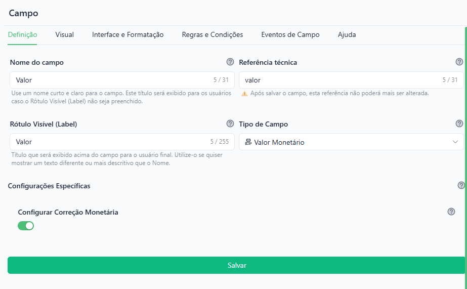 Configuração do campo Valor Monetário