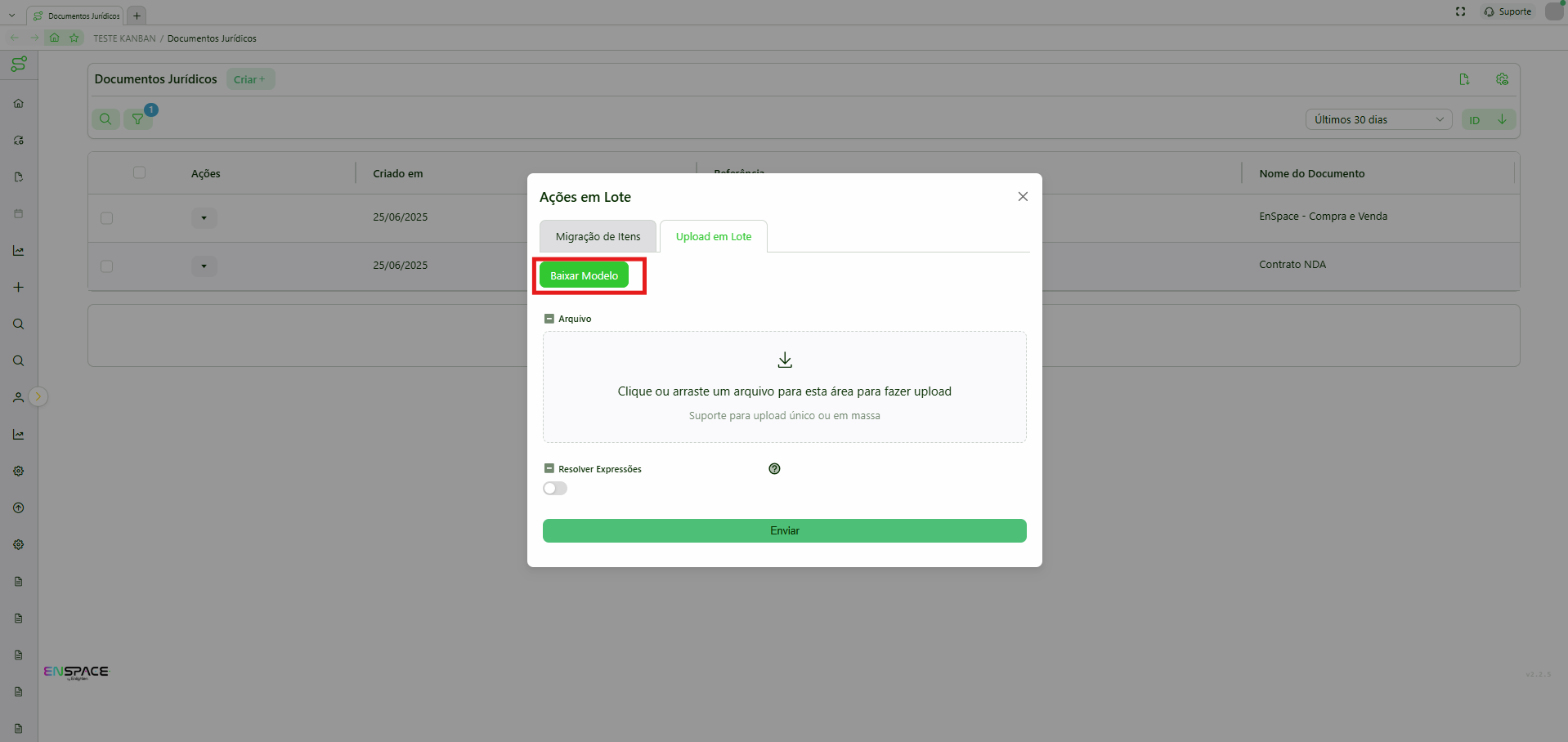 Download do modelo de Excel