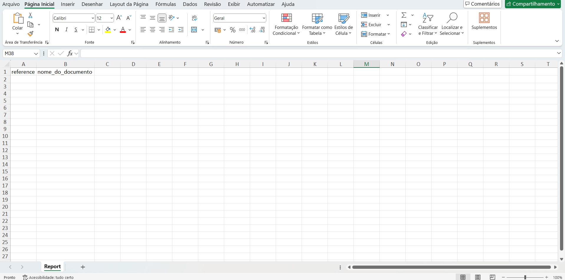 Modelo de Excel com os campos e referências